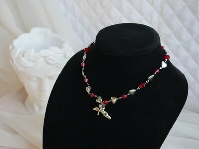 Heart Cherub Necklace with Red Beads Grunge - image3
